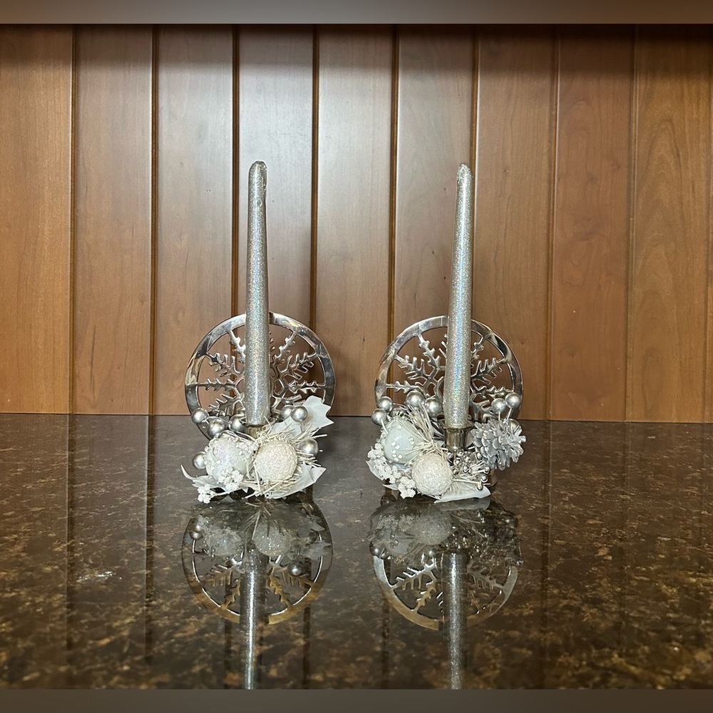 Snowflake Holiday Silver-Toned Candle Holders with Candles Set of 2